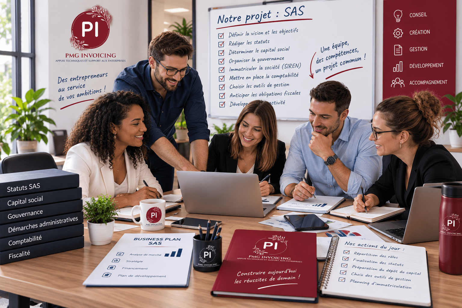 Équipe d'entrepreneurs travaillant ensemble sur la création d'une SAS
