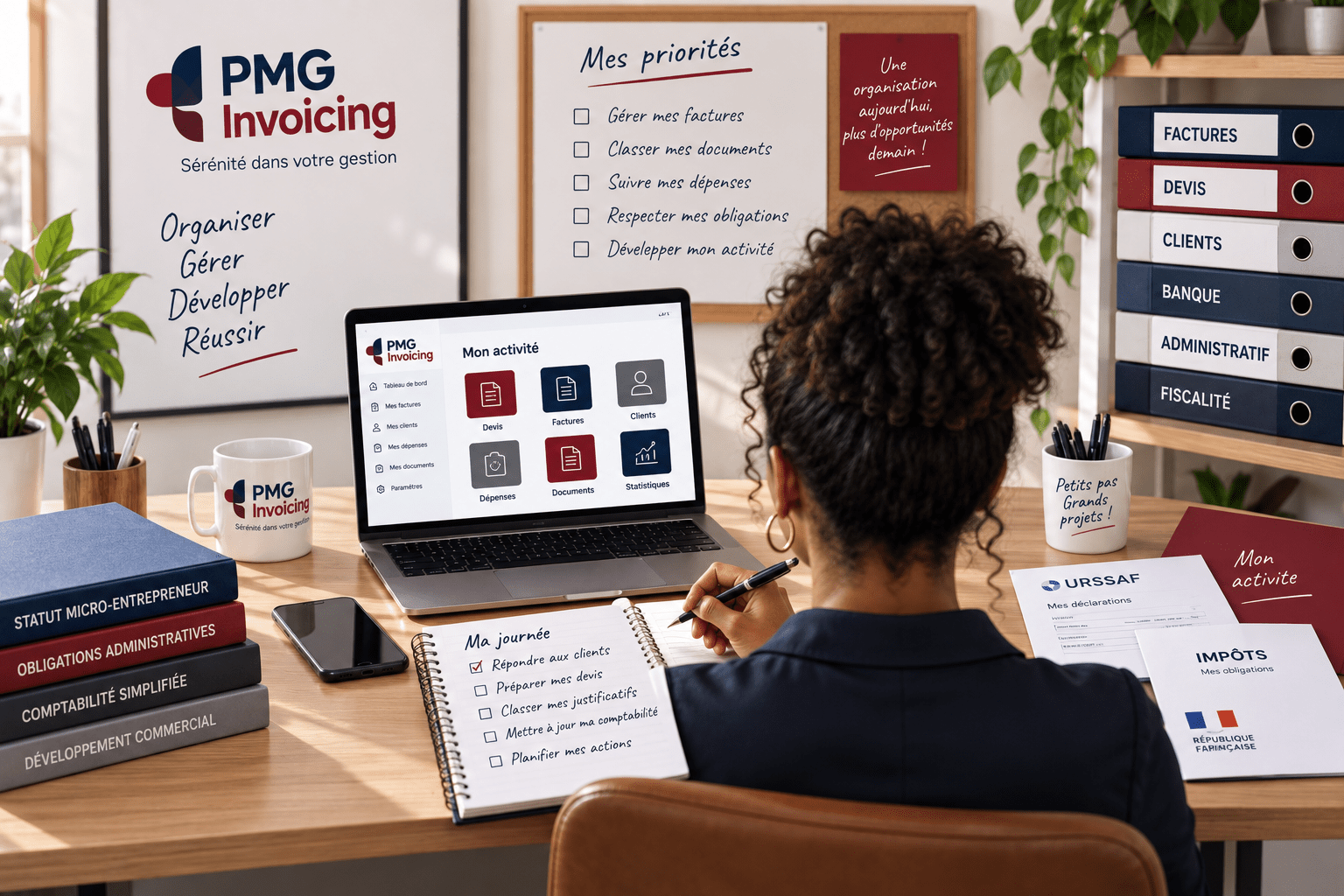 Entrepreneur individuel organisant son activité professionnelle et ses documents administratifs