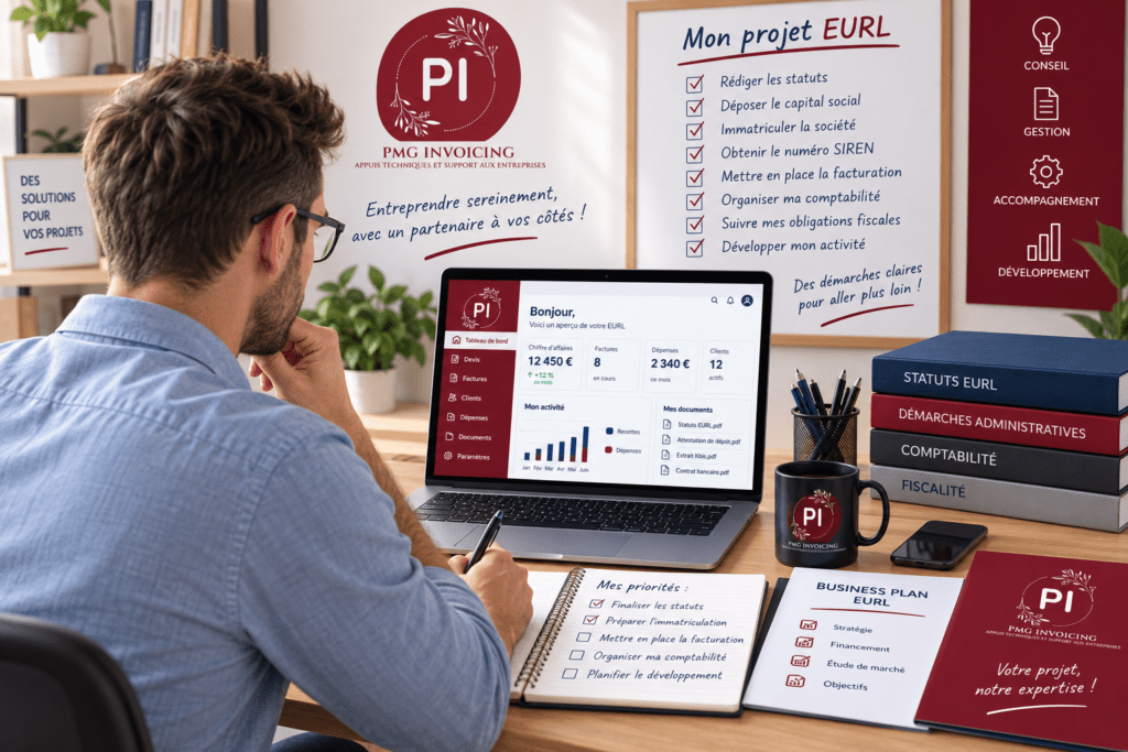 Entrepreneur travaillant sur la création et la gestion de son EURL avec des documents administratifs et un ordinateur