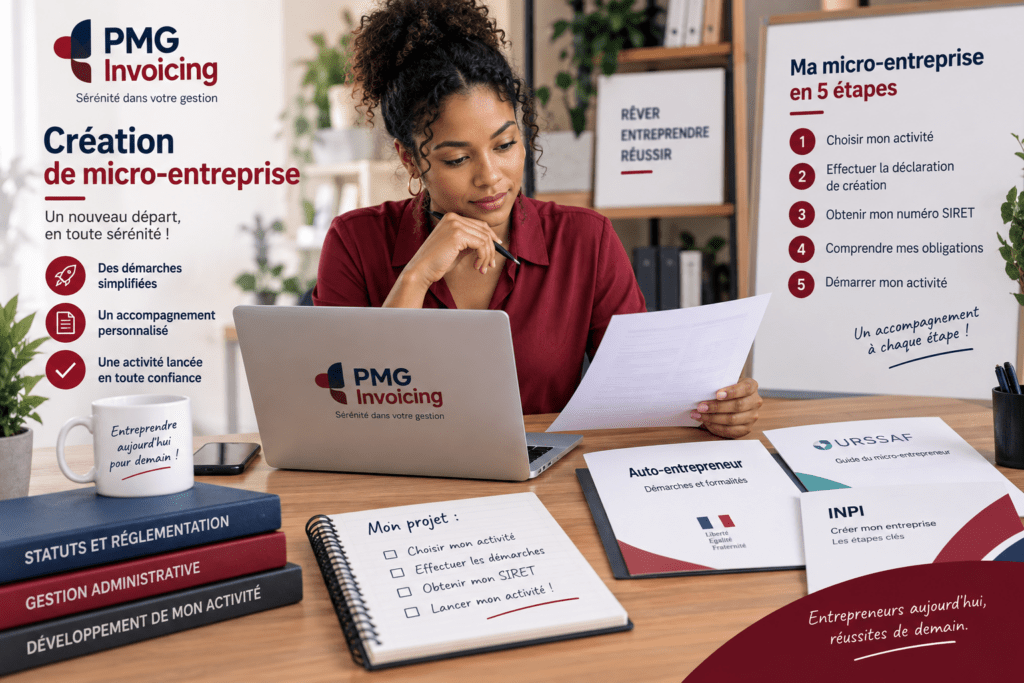 Entrepreneur préparant la création de sa micro-entreprise avec un ordinateur et des documents administratifs