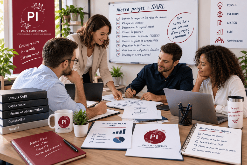Plusieurs associés préparant la création d’une SARL lors d’une réunion avec documents administratifs et ordinateur