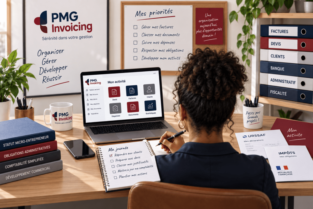 Entrepreneur individuel organisant son activité professionnelle et ses documents administratifs avec un ordinateur