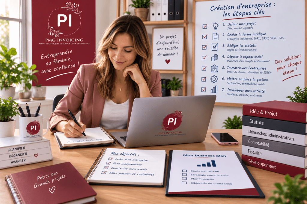 Entrepreneure préparant les différentes étapes de création de son entreprise avec un ordinateur et des documents administratifs