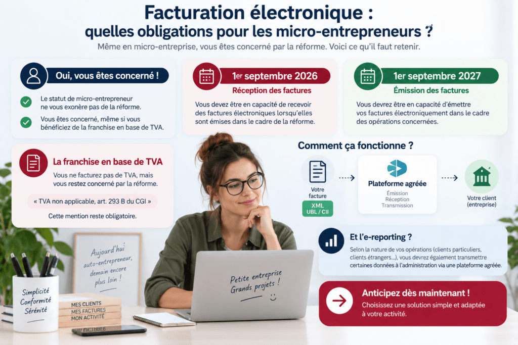 Infographie sur les obligations de facturation électronique des micro-entrepreneurs en 2026 et 2027