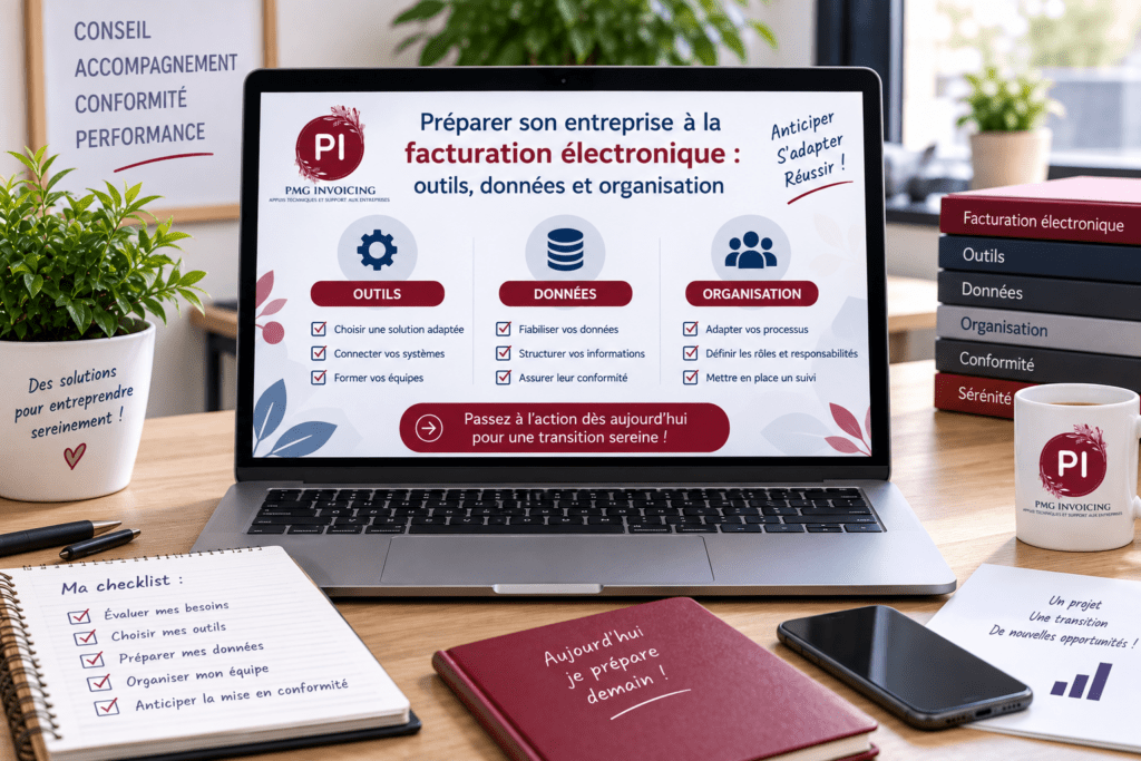 Ordinateur affichant les étapes pour préparer son entreprise à la facturation électronique, entre outils, données et organisation
